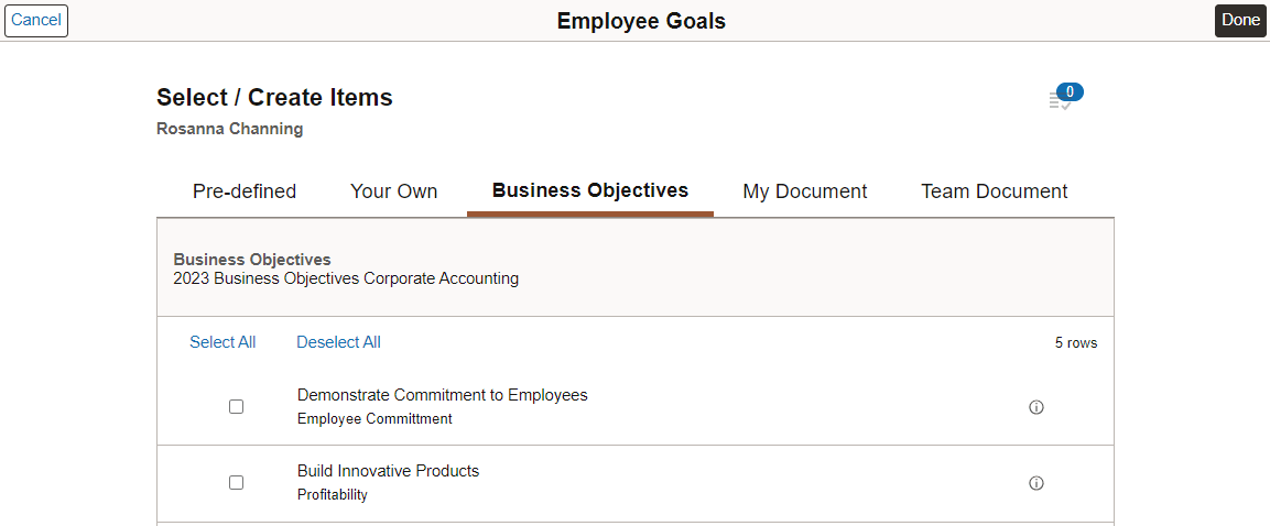 Select/Create Items - Business Objectives page Select/Create Items - Business Objectives page