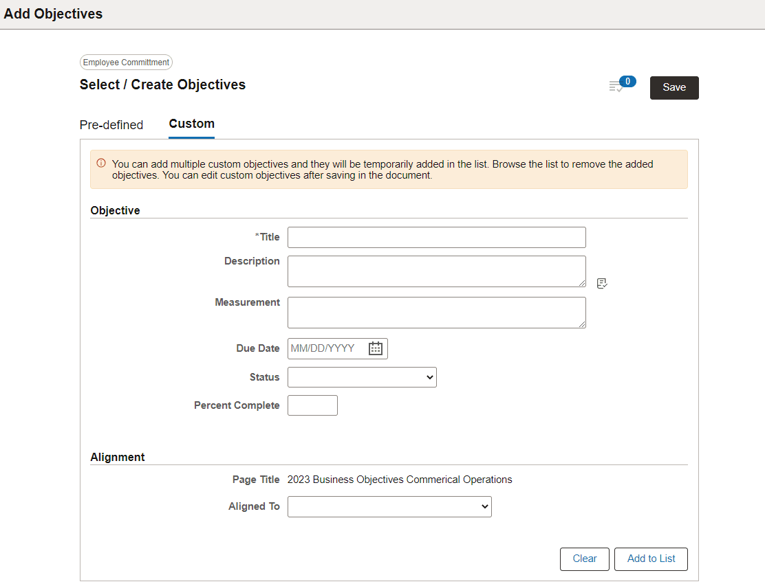 Select/Create Objectives - Custom page