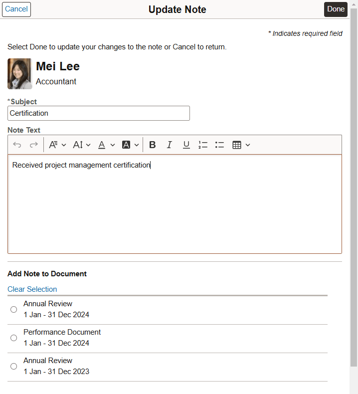 Update Note page