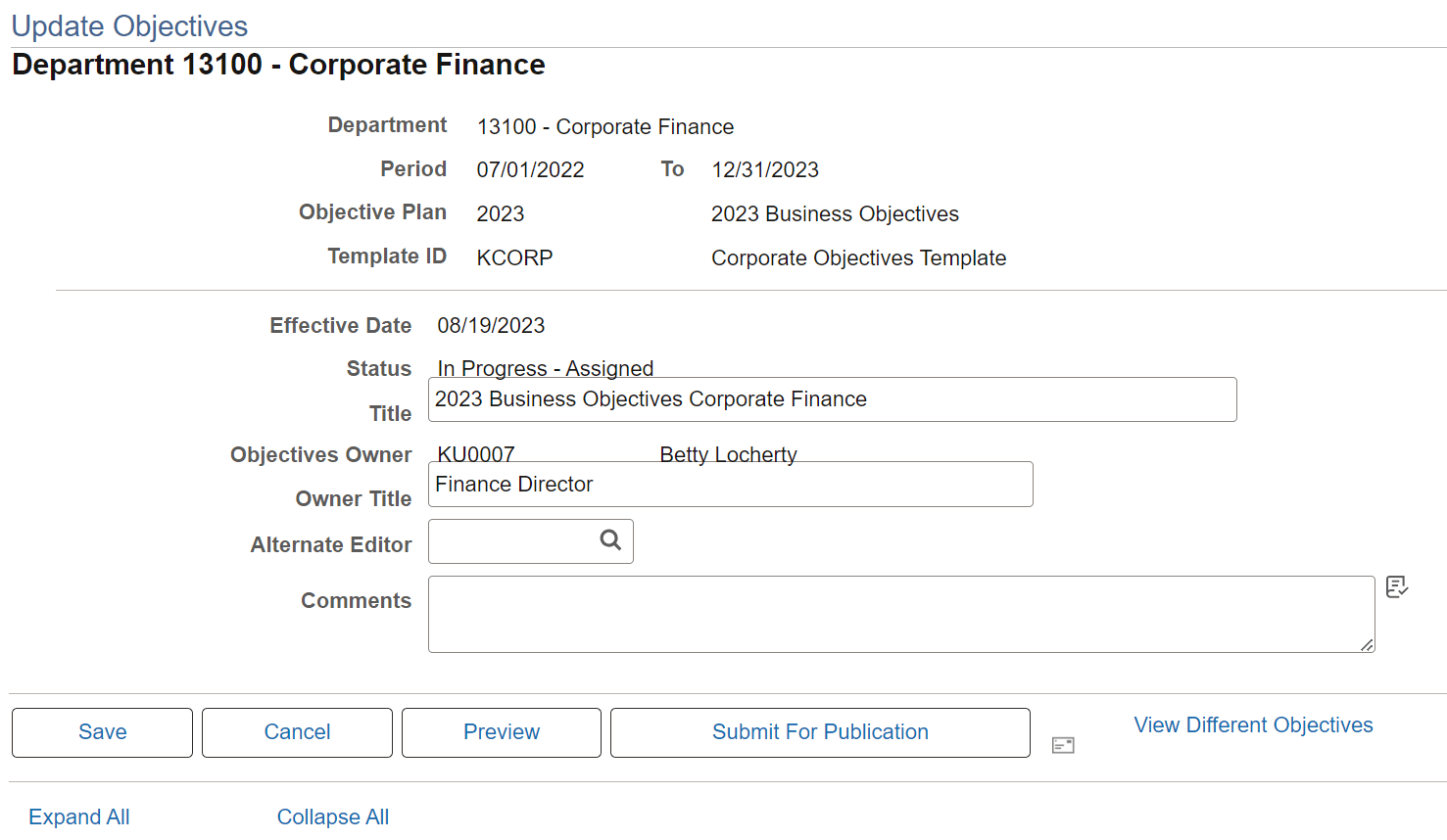 Update Objectives - <Department or Position> page (1 of 3)