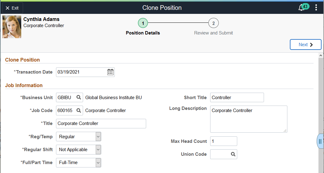 Clone Position page (1 of 2) Clone Position page (1 of 2)