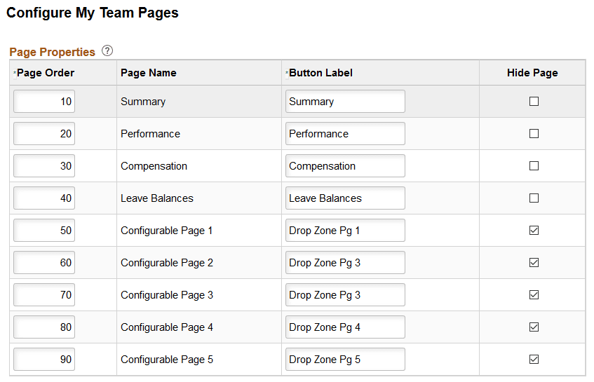 Configure My Team Pages page Configure My Team Pages page