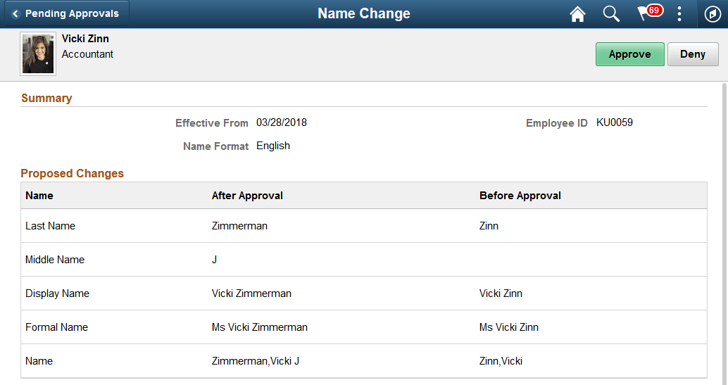 Pending Approvals - <Transaction Name> page (1 of 2) showing a Name Change transaction Pending Approvals - <Transaction Name> page (1 of 2) showing a Name Change transaction
