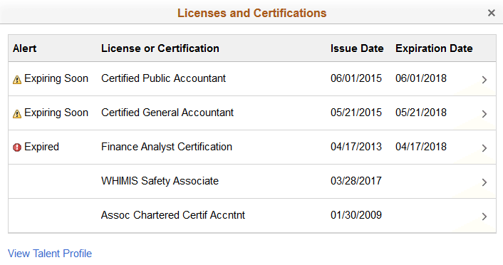 Snapshot - Licenses and Certifications page when Compare Person with Job Profile is not enabled