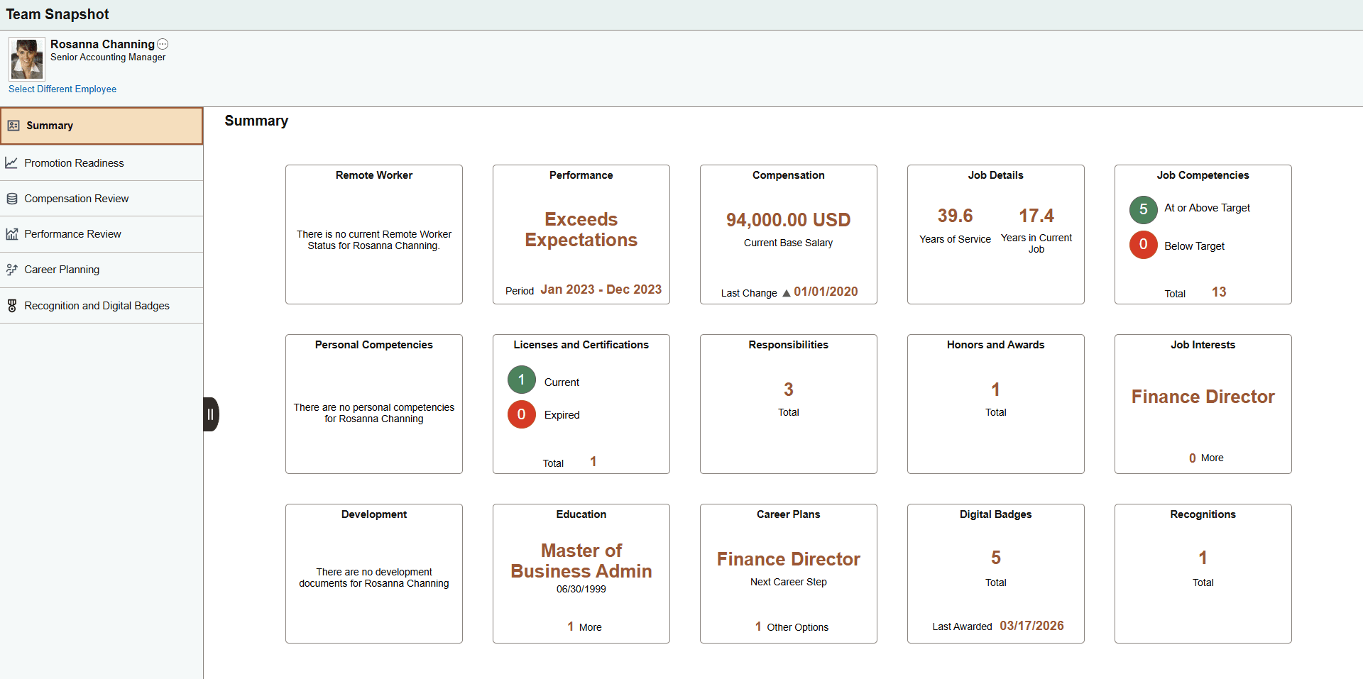 Team Snapshot - Summary Dashboard page