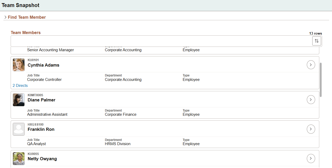 Team Snapshot - Find Team Member page for a manager