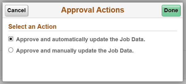 Approval Actions modal window Approval Actions modal window