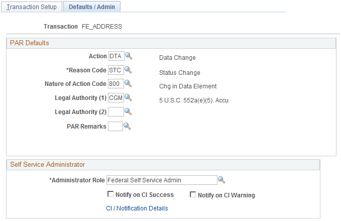 Defaults/Admin page