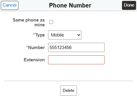Emergency Contact - Phone Number page
