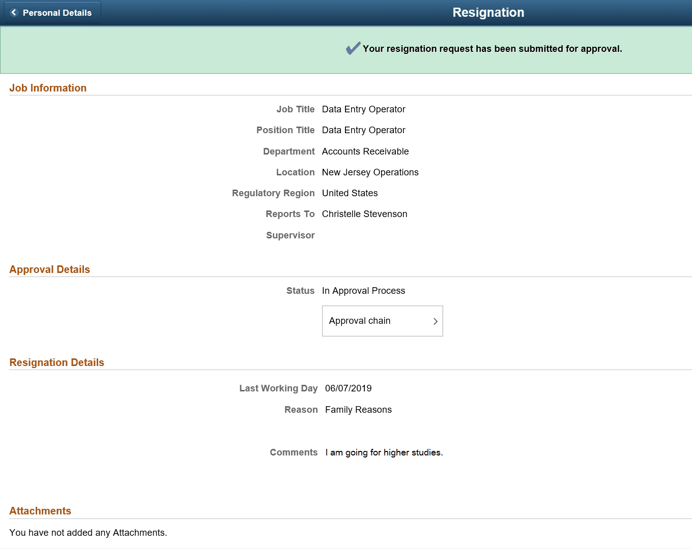 Resignation Confirmation page for Single Job Resignation Confirmation page for Single Job