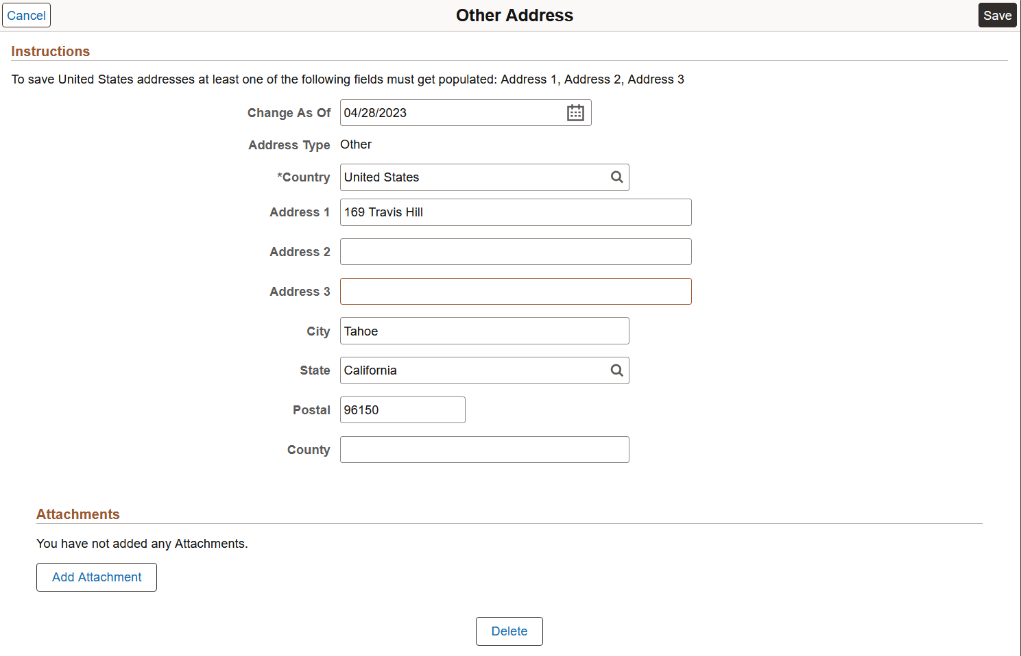 <Type> Address (detail) page with the ability to delete