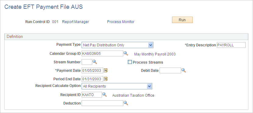 Create EFT Payment File AUS page Create EFT Payment File AUS page