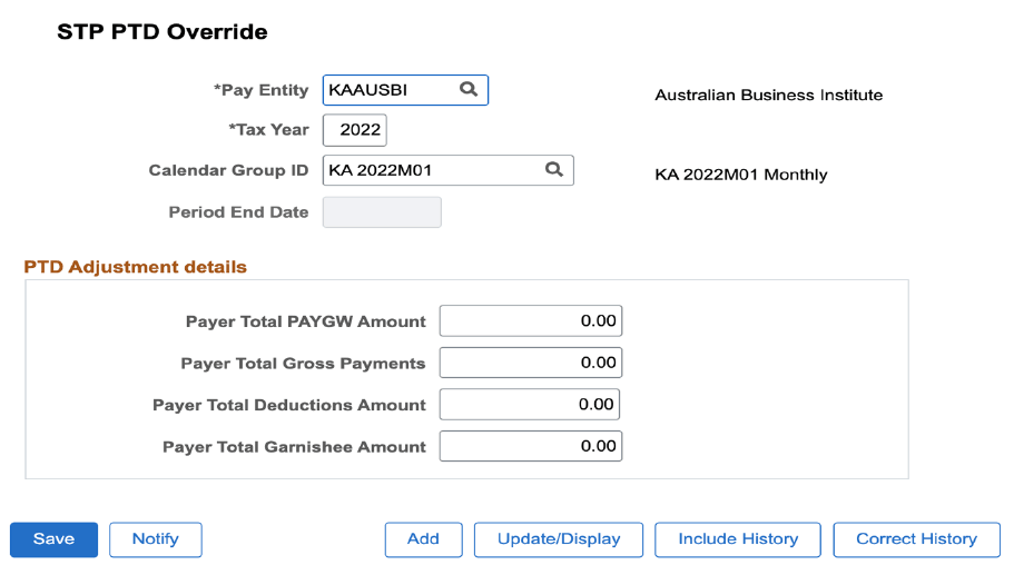STP PTD Override page STP PTD Override page