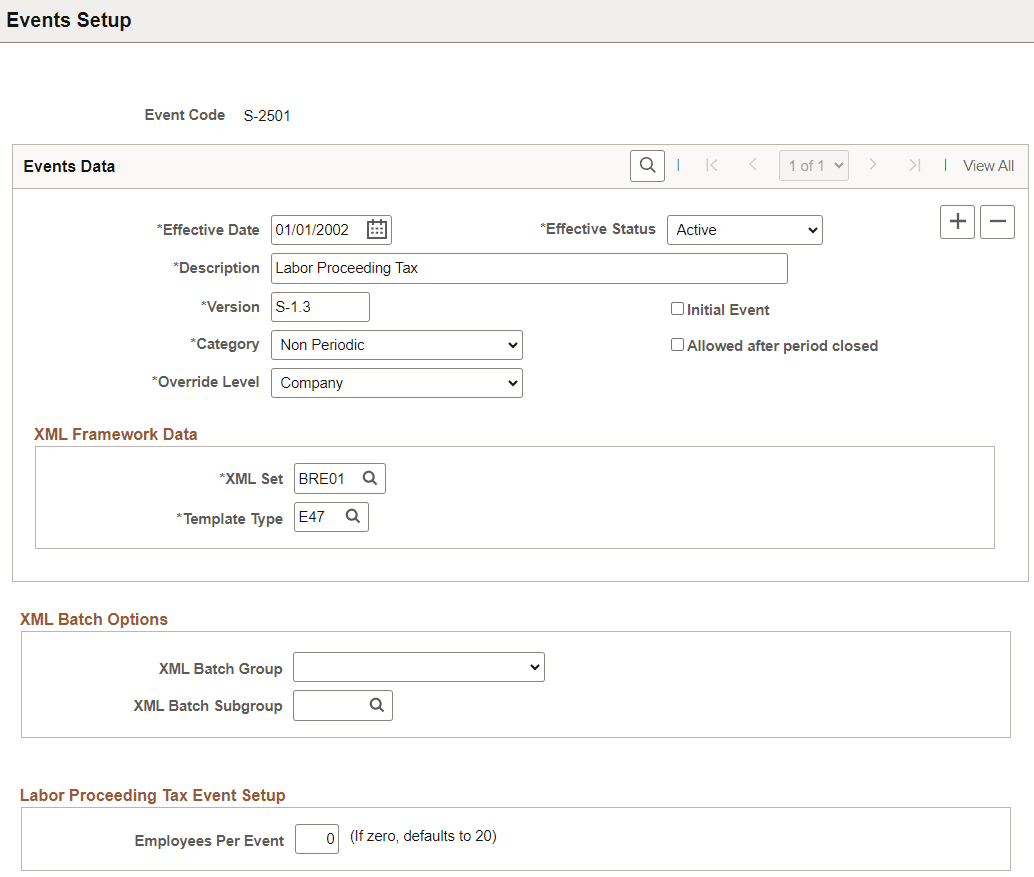 Events Setup page