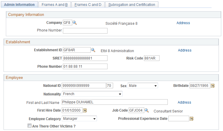 Accident/Illness Cert FRA - Admin Information page