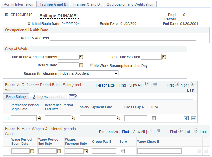 Accident/Illness Cert FRA - Frames A and B page: Base Salary tab