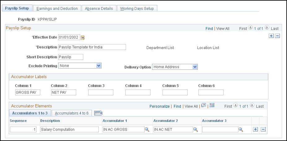 Payslip Setup page