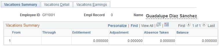 Vacations Summary page Vacations Summary page