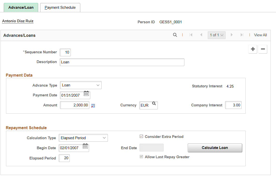 Advance/Loan page