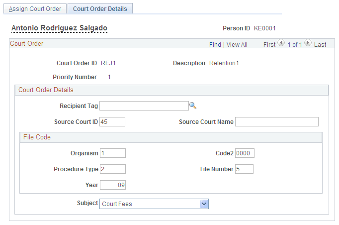 Court Order Details page Court Order Details page
