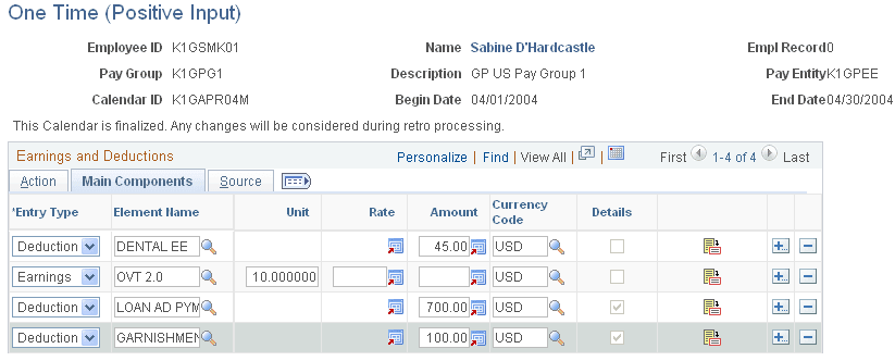 One Time (Positive Input) page: Main Components tab