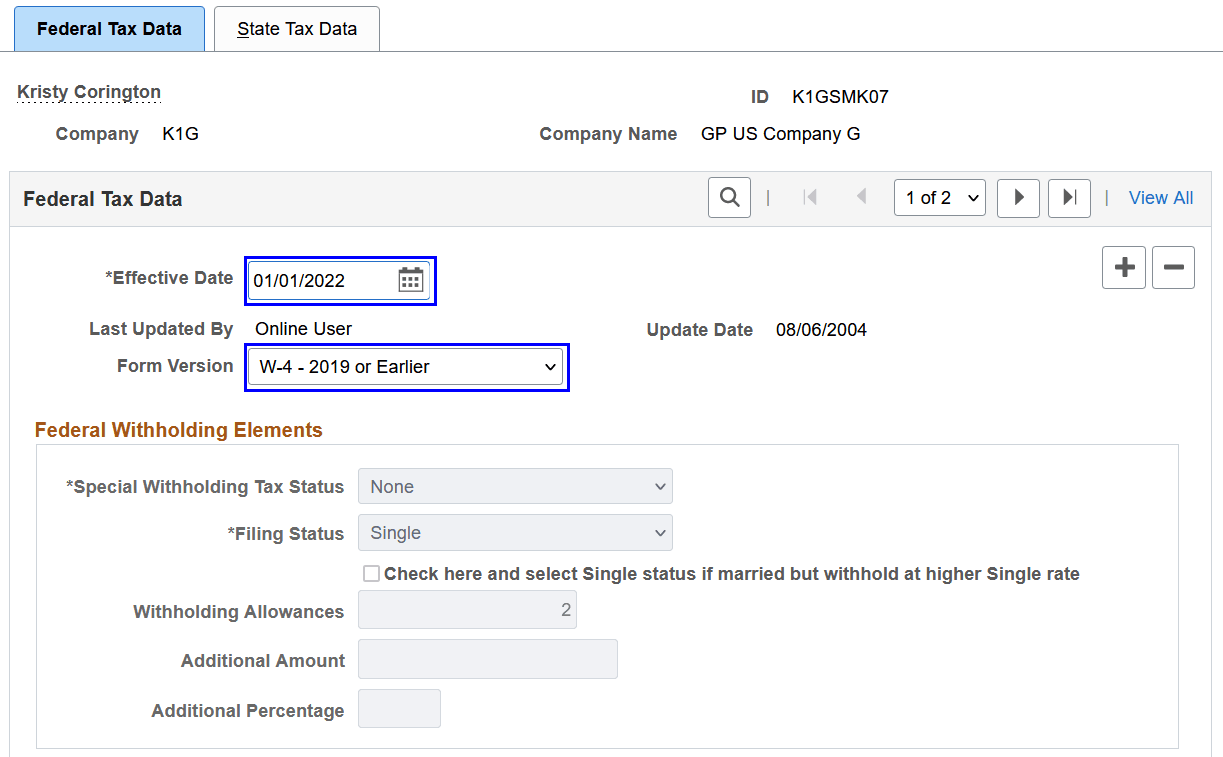 Updating state tax data on or after January 1, 2020 (January 1, 2022 in this example). No changes on the Federal Tax Data page.