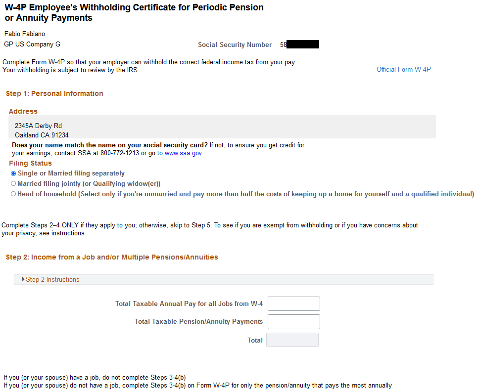 W-4P Employee's Withholding Certificate for Periodic Pension or Annuity Payments page (1 of 2)
