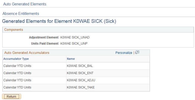 Absence Entitlements - Generated Elements for Element <name> page