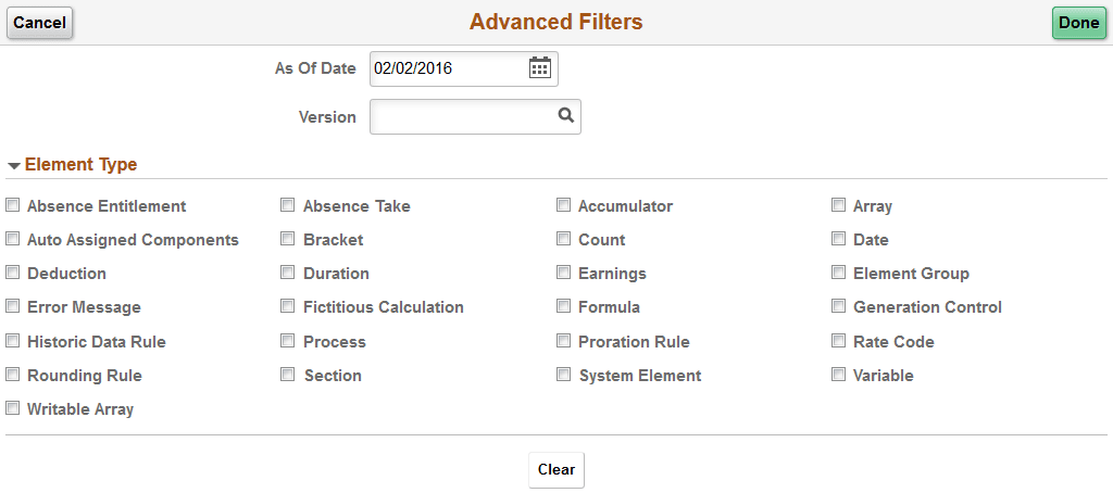 Advanced Filters page Advanced Filters page
