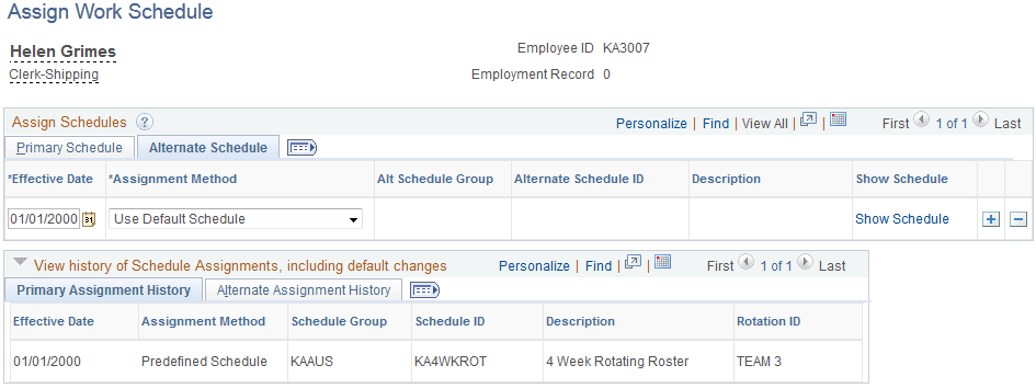 Assign Work Schedule page: Alternate Schedule tab Assign Work Schedule page: Alternate Schedule tab