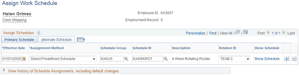 Assign Work Schedule page Assign Work Schedule page