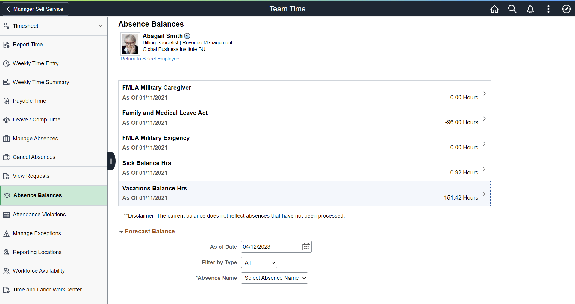 Balances page