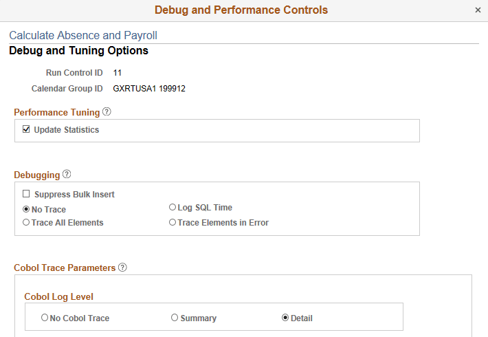 Debug and Tuning Options page