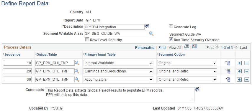 Define Report Data page Define Report Data page
