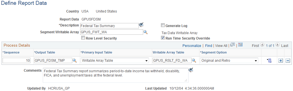 Define Report Data page Define Report Data page