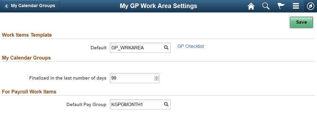 My GP Work Area Settings page