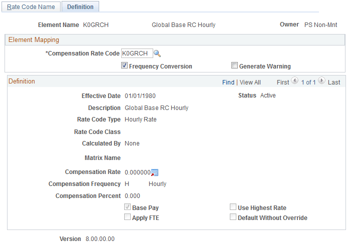 Rate Codes - Definition page