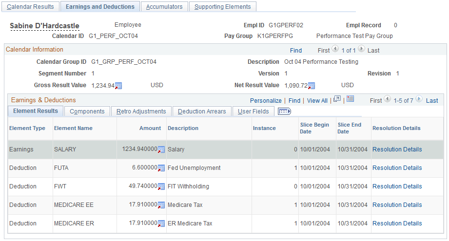 Results by Calendar - Earnings and Deductions page