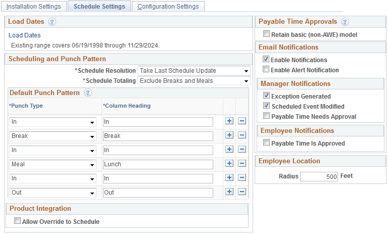 Schedule Settings page Schedule Settings page