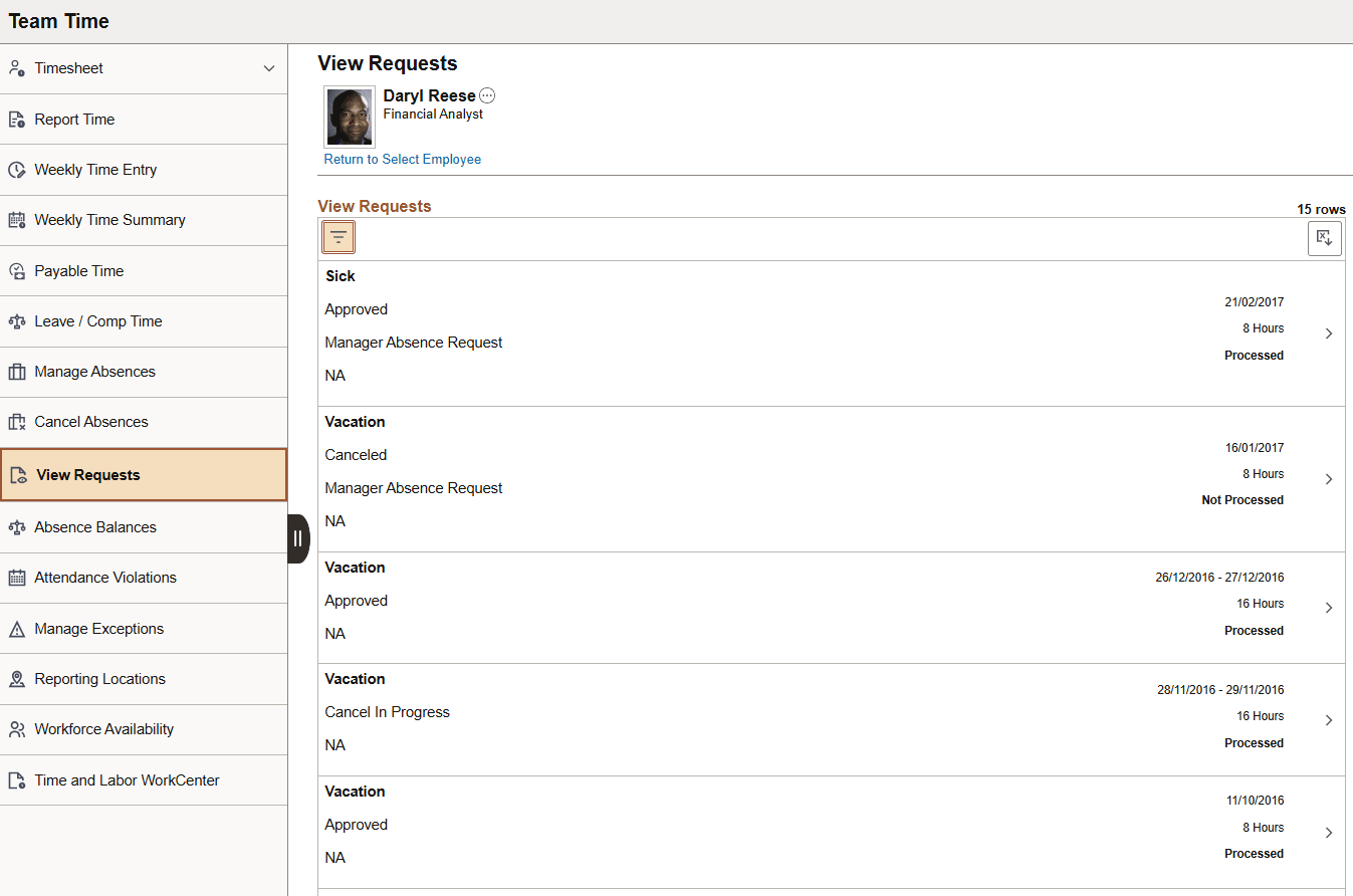 View Requests page for manager