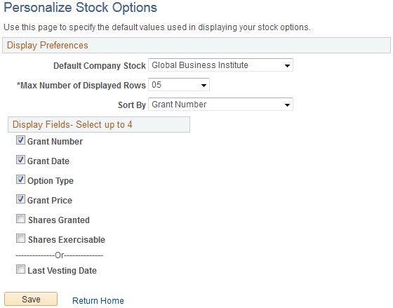 Personalize Stock Options page Personalize Stock Options page