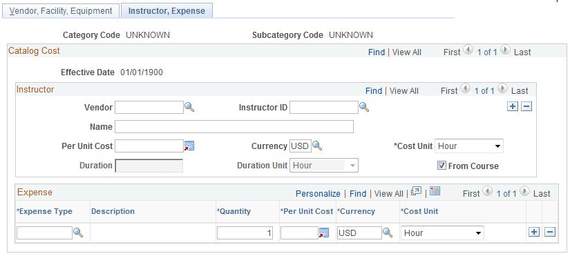 Define Training Costs - Instructor, Expense page Define Training Costs - Instructor, Expense page