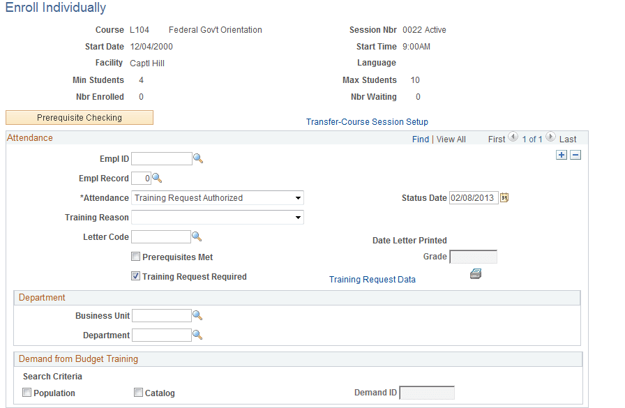 Enroll Individually page showing the federal fields Enroll Individually page showing the federal fields