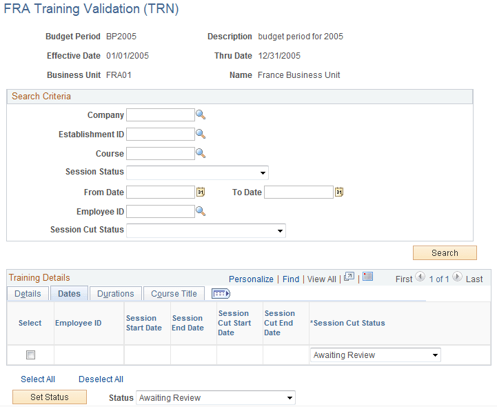 FRA Training Admin Validation page - Dates tab