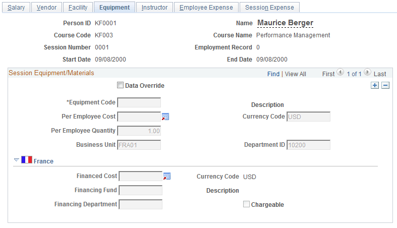 Maintain Student Costs - Equipment page Maintain Student Costs - Equipment page