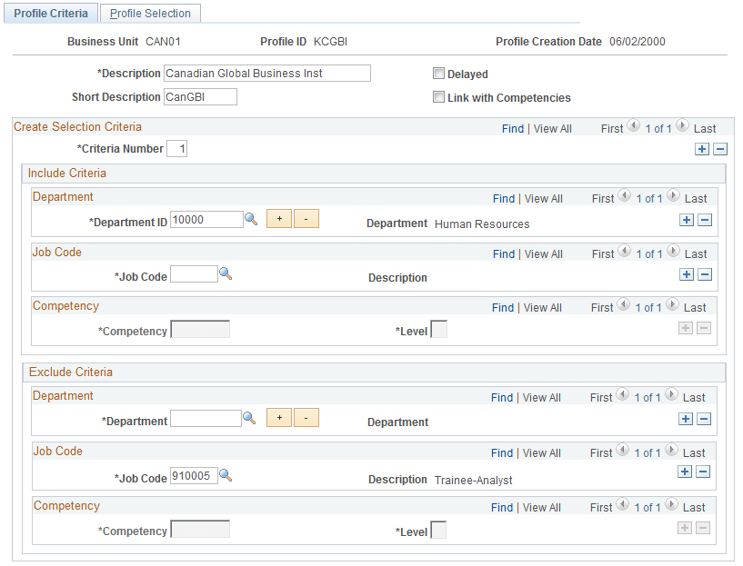 Profile Criteria page Profile Criteria page