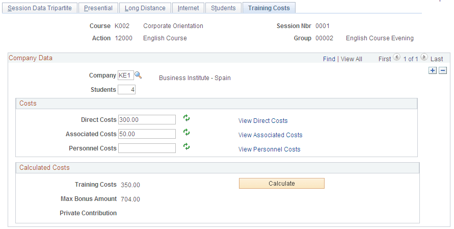 Training Costs page