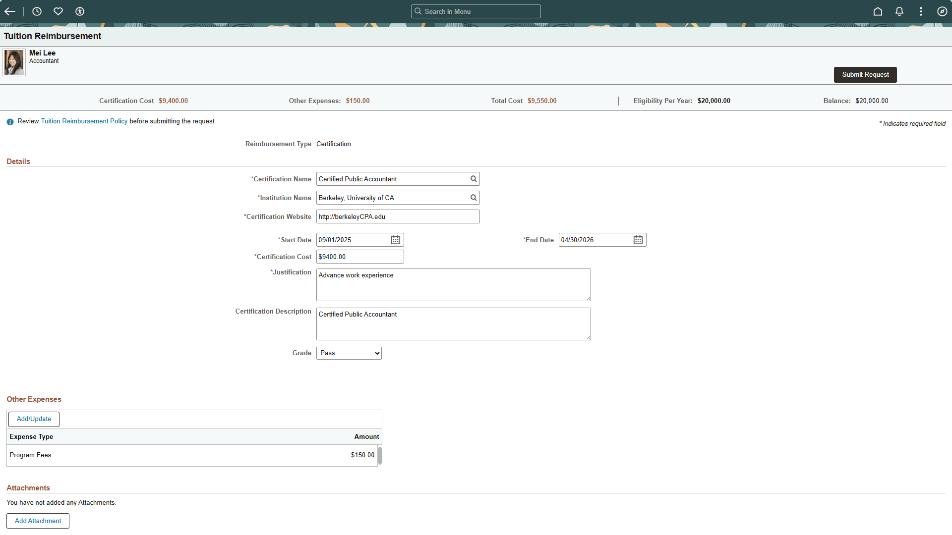 Tuition Reimbursement (Details) page for a reimbursement that does not list multiple courses Tuition Reimbursement (Details) page for a reimbursement that does not list multiple courses