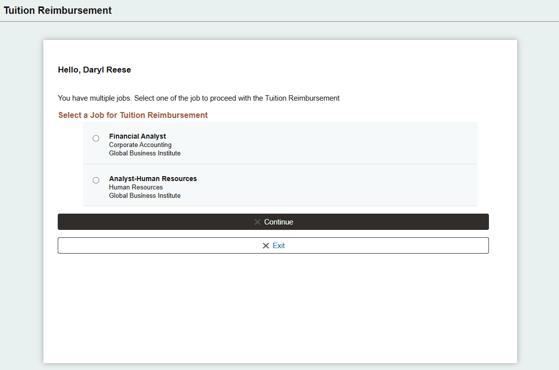 Tuition Reimbursement (Select a Job) page Tuition Reimbursement (Select a Job) page