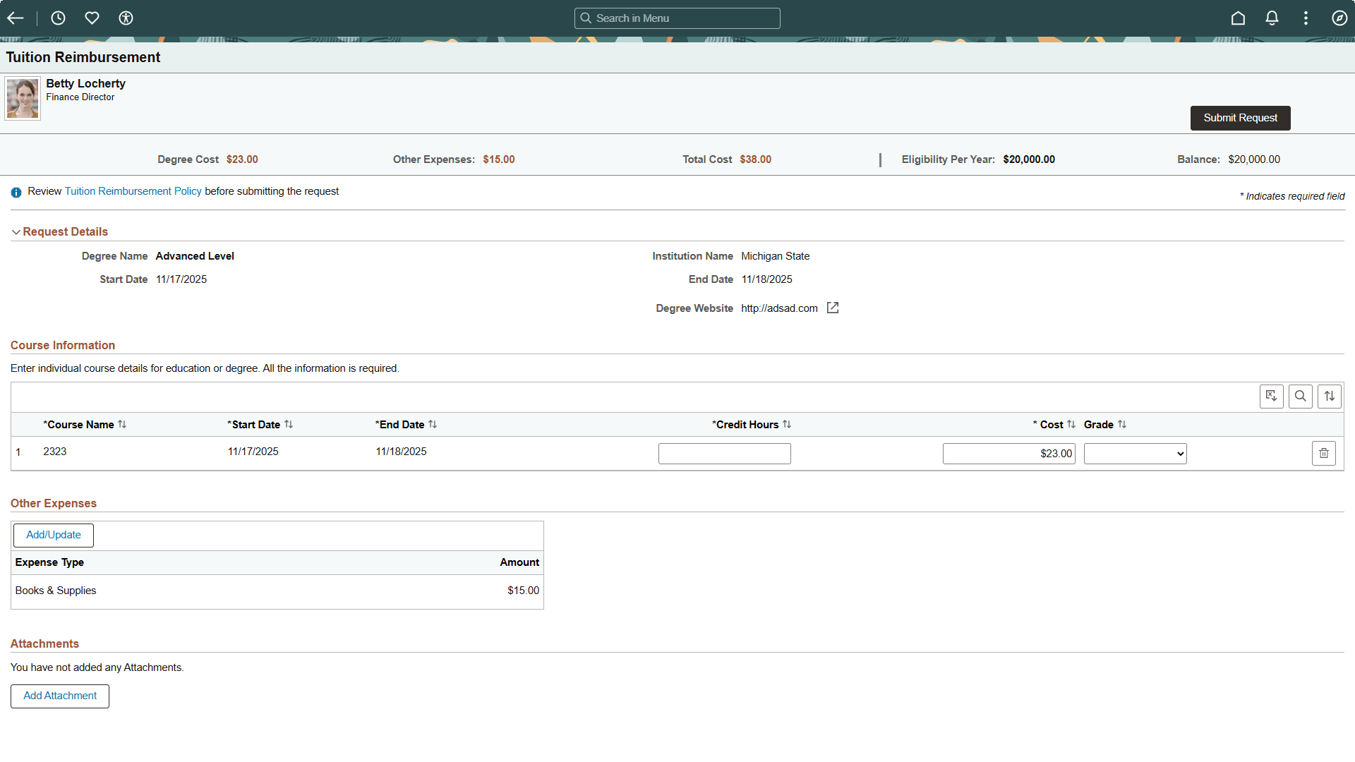 Tuition Reimbursement (View Summary) page when accessing the page from the Start Reimbursement button for an approved pre-authorized request Tuition Reimbursement (View Summary) page when accessing the page from the Start Reimbursement button for an approved pre-authorized request